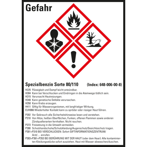 Gefahrstoffkennzeichen: Spezialbenzin Sorte 80/110, 4 GHS Symbole mit Text, Folie selbstklebend, 52 x 74 mm, 10 St./Bogen Gefahrstoffkennzeichen: Spezialbenzin Sorte 80/110, 4 GHS Symbole mit Text, Folie selbstklebend, 52 x 74 mm, 10 St./Bogen