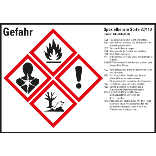 Gefahrstoffkennzeichen: Spezialbenzin Sorte 80/110, 4 GHS Symbole mit Text, Folie selbstklebend, 105 x 74 mm, 8 St./Bogen Gefahrstoffkennzeichen: Spezialbenzin Sorte 80/110, 4 GHS Symbole mit Text, Folie selbstklebend, 105 x 74 mm, 8 St./Bogen