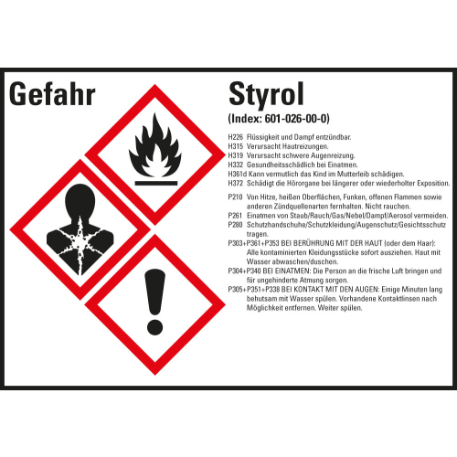 Gefahrstoffkennzeichen: Styrol, 3 GHS Symbole mit Text, Folie selbstklebend, 105 x 74 mm, 8 St./Bogen Gefahrstoffkennzeichen: Styrol, 3 GHS Symbole mit Text, Folie selbstklebend, 105 x 74 mm, 8 St./Bogen
