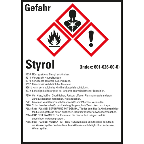 Gefahrstoffkennzeichen: Styrol, 3 GHS Symbole mit Text, Folie selbstklebend, 52 x 74 mm, 10 St./Bogen Gefahrstoffkennzeichen: Styrol, 3 GHS Symbole mit Text, Folie selbstklebend, 52 x 74 mm, 10 St./Bogen