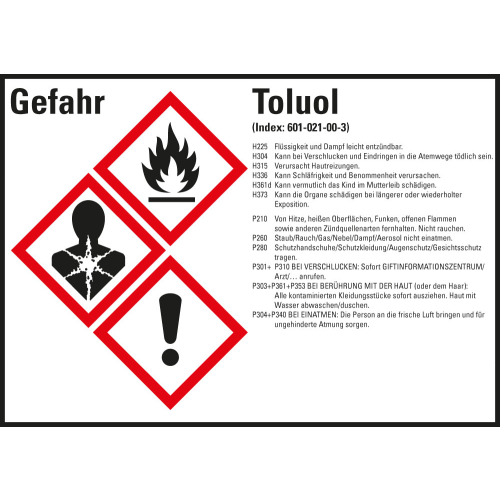 Gefahrstoffkennzeichen: Toluol, 3 GHS Symbole mit Text, Folie selbstklebend, 148 x 105 mm, 4 St./Bogen Gefahrstoffkennzeichen: Toluol, 3 GHS Symbole mit Text, Folie selbstklebend, 148 x 105 mm, 4 St./Bogen