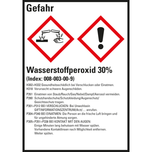 Gefahrstoffkennzeichen: Wasserstoffperoxid 30%, 2 GHS Symbole mit Text, Folie selbstklebend, 52 x 74 mm, 10 St./Bogen Gefahrstoffkennzeichen: Wasserstoffperoxid 30%, 2 GHS Symbole mit Text, Folie selbstklebend, 52 x 74 mm, 10 St./Bogen