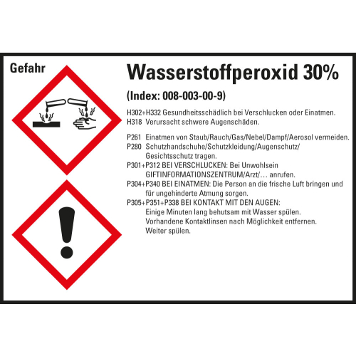 Gefahrstoffkennzeichen: Wasserstoffperoxid 30%, 2 GHS Symbole mit Text, Folie selbstklebend, 148 x 105 mm, 4 St./Bogen Gefahrstoffkennzeichen: Wasserstoffperoxid 30%, 2 GHS Symbole mit Text, Folie selbstklebend, 148 x 105 mm, 4 St./Bogen