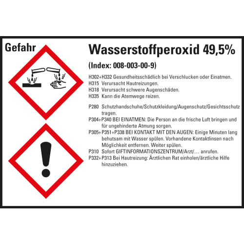 Gefahrstoffkennzeichen: Wasserstoffperoxid 49,5%, 2 GHS Symbole mit Text, Folie selbstklebend, 105 x 74 mm, 8 St./Bogen Gefahrstoffkennzeichen: Wasserstoffperoxid 49,5%, 2 GHS Symbole mit Text, Folie selbstklebend, 105 x 74 mm, 8 St./Bogen