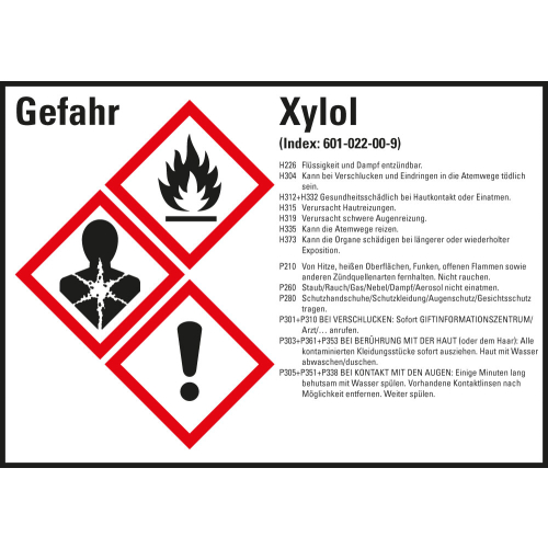 Gefahrstoffkennzeichen: Xylol, 3 GHS Symbole mit Text, Folie selbstklebend, 148 x 105 mm, 4 St./Bogen Gefahrstoffkennzeichen: Xylol, 3 GHS Symbole mit Text, Folie selbstklebend, 148 x 105 mm, 4 St./Bogen