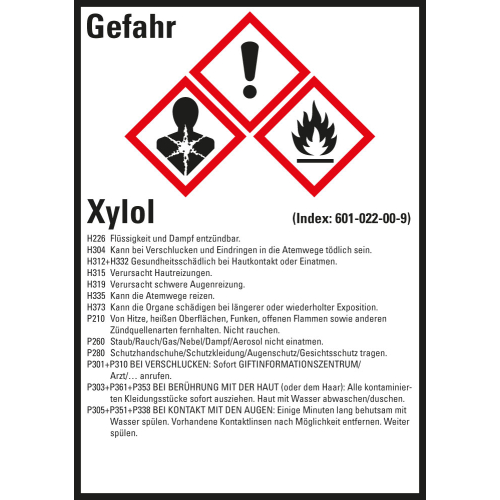 Gefahrstoffkennzeichen: Xylol, 3 GHS Symbole mit Text, Folie selbstklebend, 52 x 74 mm, 10 St./Bogen Gefahrstoffkennzeichen: Xylol, 3 GHS Symbole mit Text, Folie selbstklebend, 52 x 74 mm, 10 St./Bogen