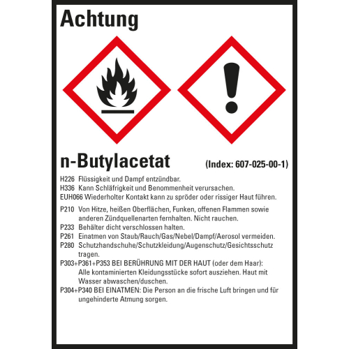 Gefahrstoffkennzeichen: n-Butylacetat, 2 GHS Symbole mit Text, Folie selbstklebend, 52 x 74 mm, 10 St./Bogen Gefahrstoffkennzeichen: n-Butylacetat, 2 GHS Symbole mit Text, Folie selbstklebend, 52 x 74 mm, 10 St./Bogen