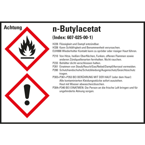 Gefahrstoffkennzeichen: n-Butylacetat, 2 GHS Symbole mit Text, Folie selbstklebend, 148 x 105 mm, 4 St./Bogen Gefahrstoffkennzeichen: n-Butylacetat, 2 GHS Symbole mit Text, Folie selbstklebend, 148 x 105 mm, 4 St./Bogen