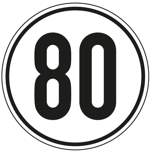 Geschwindigkeitsschild 80 km/h, gemäß §58 StVZO, Folie selbstklebend, Ø 200 mm, 1 Stück Geschwindigkeitsschild 80 km/h, gemäß §58 StVZO, Folie selbstklebend, Ø 200 mm, 1 Stück