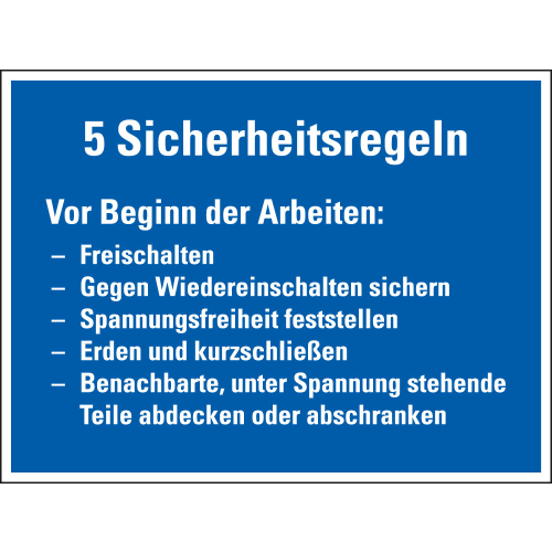 Hinweisschild: 5 Sicherheitsregeln vor Beginn der Arbeiten..., blau-weiß, Folie selbstklebend, 200 mm x 150 mm, 1 Stück