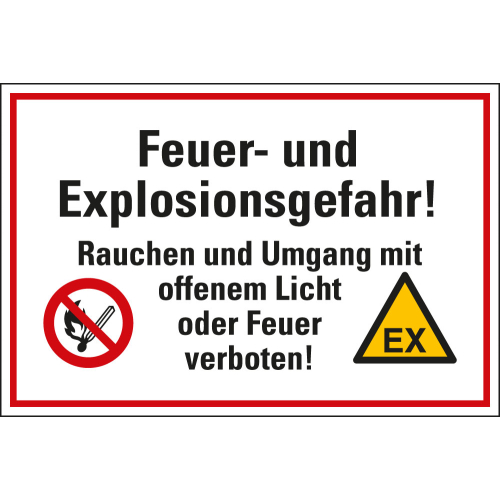 Hinweisschild Feuer- und Explosionsgefahr! Rauchen, offenes Licht und Feuer verboten [...], Warn- und Verbotspikto, Folie selbstklebend, 300 x 200 mm, 1 Stück