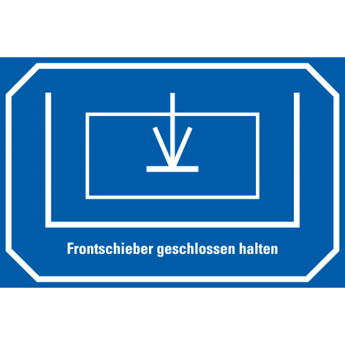 Hinweisschild: Frontschieber geschlossen halten mit Zeichnung, blau-weiß, Folie selbstklebend, 150 x 100 mm, 1 Stück