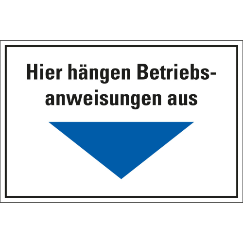 Hinweisschild: Hier hängen Betriebsanweisungen aus, blauer Pfeil, Kunststoff, 300 mm x 200 mm, 1 Stück Hinweisschild: Hier hängen Betriebsanweisungen aus, blauer Pfeil, Kunststoff, 300 mm x 200 mm, 1 Stück