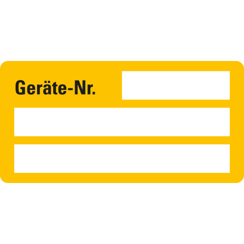 Inventaretikett: Geräte-Nr., 3 Zeilen zum Selbstbeschriften, gelb, fälschungssichere Folie, 50 x 25 mm, 9 St./Bogen Inventaretikett: Geräte-Nr., 3 Zeilen zum Selbstbeschriften, gelb, fälschungssichere Folie, 50 x 25 mm, 9 St./Bogen