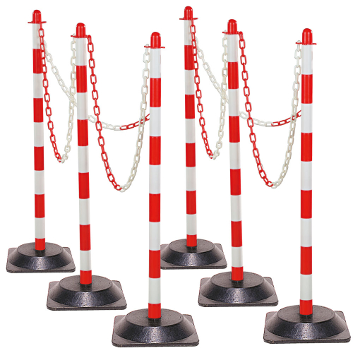 Kettenständer-Set Mobil, 6 Pfosten, 10 m Kunststoffkette, fluoreszierend rot-weiß