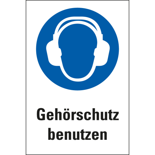 Kombi-Gebotsschild: Gehörschutz benutzen, blau-weiß, ASR/ISO, Piktogramm & Text, Kunststoff, 200 mm x 300 mm, 1 Stück