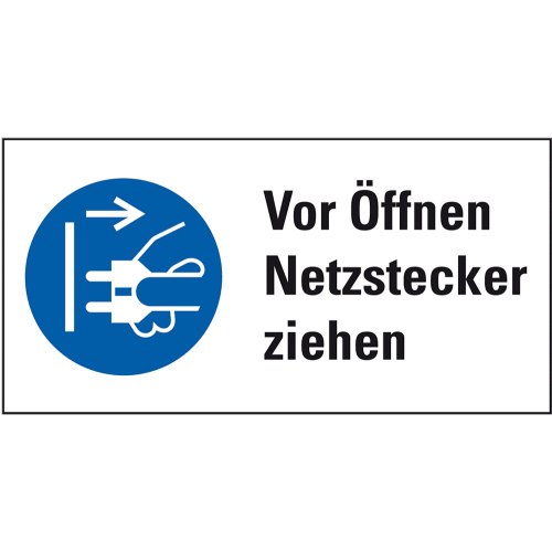 Kombi-Gebotsschild: Vor Öffnen Netzstecker ziehen, blau-weiß, Piktogramm & Text, Folie selbstklebend, 65 mm x 32 mm, 1 Stück