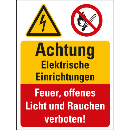 Kombi-Sicherheitsschild: Achtung Elektrische Einrichtungen - Feuer, offenes [...], 2 Piktogramme und Text, Kunststoff, 300 x 400 mm, 1 Stück