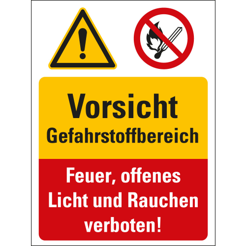Kombi-Sicherheitsschild: Vorsicht Gefahrstoffbereich - Feuer, offenes Licht und [...], 2 Piktogramme und Text, Kunststoff, 300 x 400 mm, 1 Stück