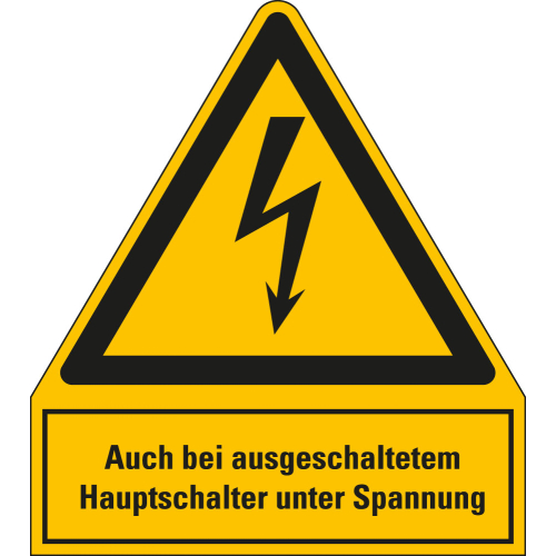Kombi-Warnschild: Auch bei ausgeschaltetem Hauptschalter unter Spannung, Blitzpfeil, RoHS konform, ASR/ISO, Folie selbstklebend, 210 mm x 240 mm, 1 Stück Kombi-Warnschild: Auch bei ausgeschaltetem Hauptschalter unter Spannung, Blitzpfeil, RoHS konform, ASR/ISO, Folie selbstklebend, 210 mm x 240 mm, 1 Stück