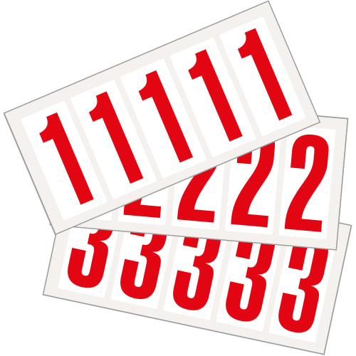 Kombipackung Ziffer 0-9, Schrifthöhe 50 mm, weiß-rot, Folie selbstklebend, 22 x 57 mm, 16 St. je Ziffer/Verpackungseinheit Kombipackung Ziffer 0-9, Schrifthöhe 50 mm, weiß-rot, Folie selbstklebend, 22 x 57 mm, 16 St. je Ziffer/Verpackungseinheit