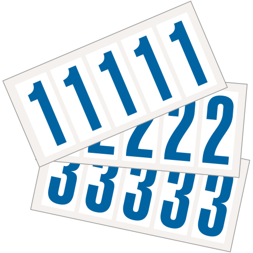 Kombipackung Ziffer 0-9, Schrifthöhe 75 mm, weiß-blau, Folie selbstklebend, 38 x 88 mm, 10 St. je Ziffer/Verpackungseinheit