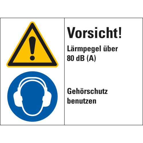 Kombischild: Vorsicht! Lärmpegel über 80 dB (A) - Gehörschutz benutzen, 2 Piktogramme und Text, Kunststoff, 200 x 150 mm, 1 Stück