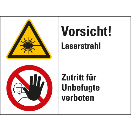 Kombischild: Vorsicht! Laserstrahl Zutritt für Unbefugte verboten, 2 Piktogramme und Text, Folie selbstklebend, 200 x 150 mm, 1 Stück