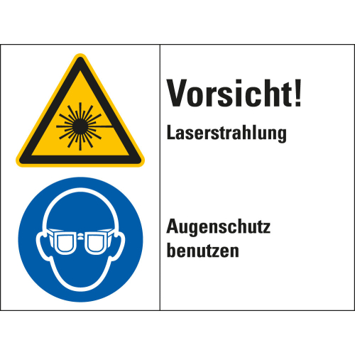 Kombischild: Vorsicht! Laserstrahlung - Augenschutz benutzen, 2 Piktogramme und Text, Folie selbstklebend, 200 x 150 mm, 1 Stück