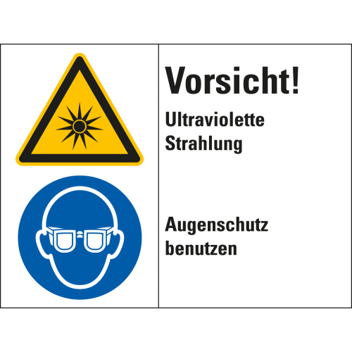 Kombischild: Vorsicht! Ultraviolette Strahlung - Augenschutz benutzen, 2 Piktogramme und Text, Folie selbstklebend, 200 x 150 mm, 1 Stück