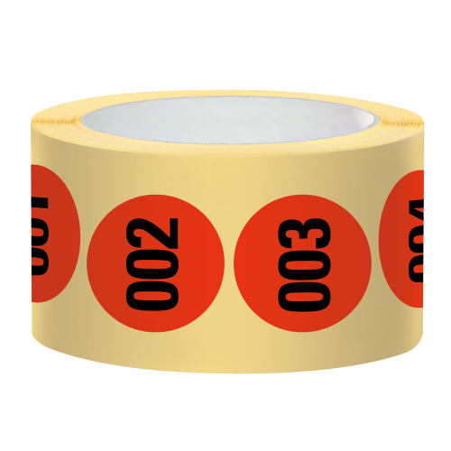 Markierungspunkt fortlaufend nummeriert 001-500, rot, Papier ablösbar, Ø 25 mm, 500 St./Rolle Markierungspunkt fortlaufend nummeriert 001-500, rot, Papier ablösbar, Ø 25 mm, 500 St./Rolle