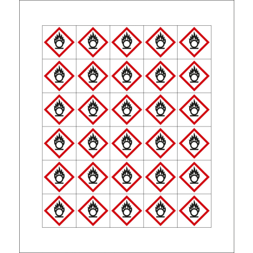 Mini-Gefahrensymbol: GHS03 Flamme über Kreis, Folie selbstklebend, 20 x 20 mm, 30 St./Bogen