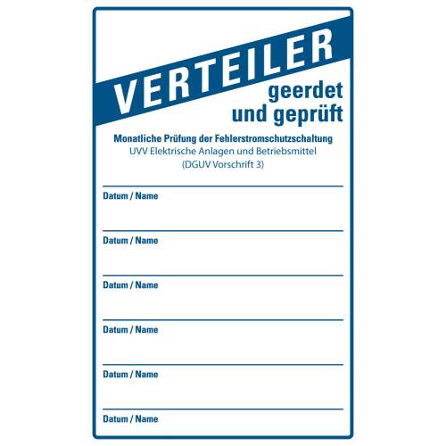 Prüfnachweis für Baustromverteiler, UVV (DGUV Vorschrift 3), Folie selbstklebend, 80 x 130 mm, 10 St./Heft