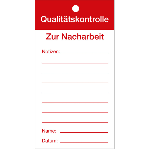 Qualitätsanhänger: Qualitätskontrolle-Zur Nacharbeit zum Beschriften, weiß-rot, Karton mit Bindedraht, 80 mm x 150 mm, 50 St./Verpackungseinheit