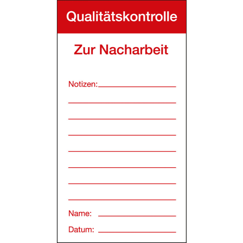 Qualitätsaufkleber: Qualitätskontrolle-Zur Nacharbeit, Papier selbstklebend, 80 mm x 150 mm, 100 St. / Block Qualitätsaufkleber: Qualitätskontrolle-Zur Nacharbeit, Papier selbstklebend, 80 mm x 150 mm, 100 St. / Block