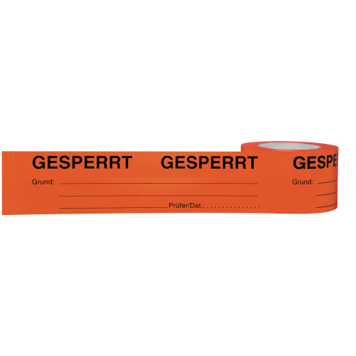 Qualitätsband: GESPERRT, orange-schwarz, Polypropylen-Folie mit starkem Acrylatkleber selbstklebend, 75 mm,  66 m / Rolle