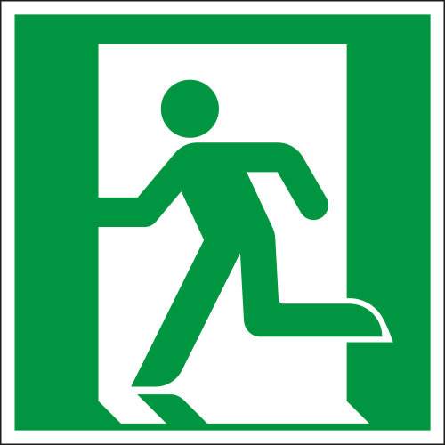 Rettungszeichen: Notausgang links, grün-weiß, ASR/ISO, Folie selbstklebend, 150 x 150 mm, 1 Stück