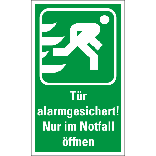 Rettungszeichen: Tür alarmgesichert! Nur im Notfall öffnen, Piktogramm und Text, praxisbewährt, Folie selbstklebend, 120 x 200 mm, 1 Stück