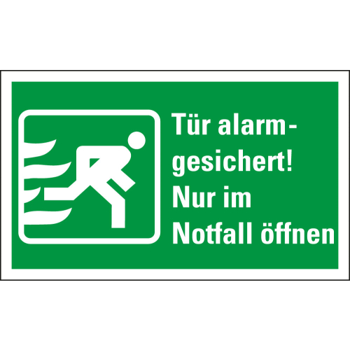 Rettungszeichen: Tür alarmgesichert! Nur im Notfall öffnen, Piktogramm und Text, praxisbewährt, Folie selbstklebend, 200 x 120 mm, 1 Stück