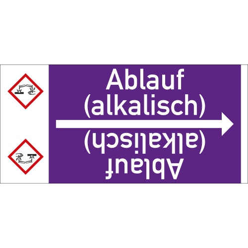 Rohrleitungsband: Ablauf (alkalisch), mit Gefahrensymbol, DIN 2403, für Rohre ab Ø 15 mm, Folie selbstklebend, 33 m/Rolle