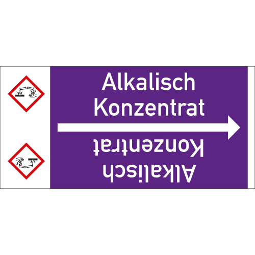 Rohrleitungsband: Alkalisch Konzentrat, mit Gefahrensymbol, DIN 2403, für Rohre ab Ø 15 mm, Folie selbstklebend, 33 m/Rolle