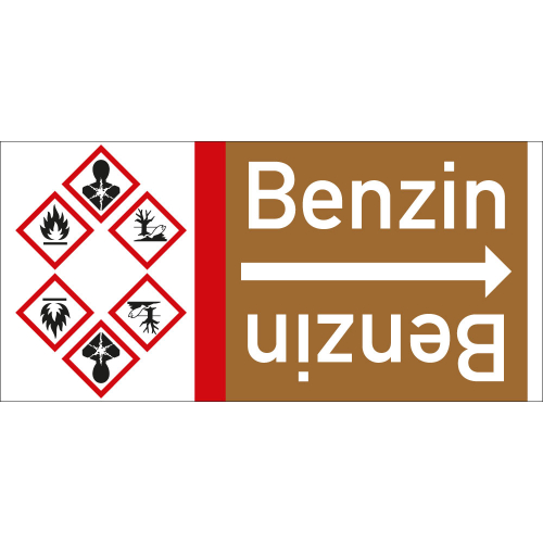 Rohrleitungsband: Benzin, mit drei Gefahrensymbolen, DIN 2403, für Rohre ab Ø 15 mm, Folie selbstklebend, 33 m/Rolle