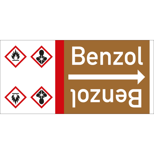 Rohrleitungsband: Benzol, mit zwei Gefahrensymbolen, DIN 2403, für Rohre ab Ø 15 mm, Folie selbstklebend, 33 m/Rolle