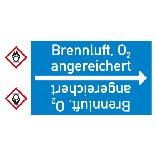 Rohrleitungsband: Brennluft, O2 angereichert, mit Gefahrensymbol, DIN 2403, für Rohre ab Ø 15 mm, Folie selbstklebend, 33 m/Rolle