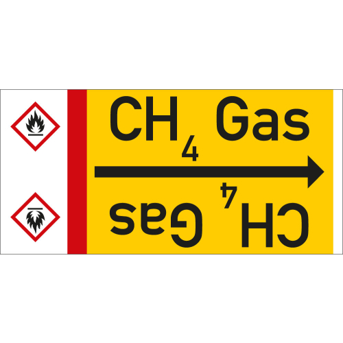 Rohrleitungsband: CH4 Gas, mit Gefahrensymbol, DIN 2403, für Rohre ab Ø 15 mm, Folie selbstklebend, 33 m/Rolle