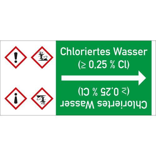 Rohrleitungsband: Chloriertes Wasser (≥ 0,25 % Cl), mit zwei Gefahrensymbolen, DIN 2403, für Rohre ab Ø 15 mm, Folie selbstklebend, 33 m/Rolle
