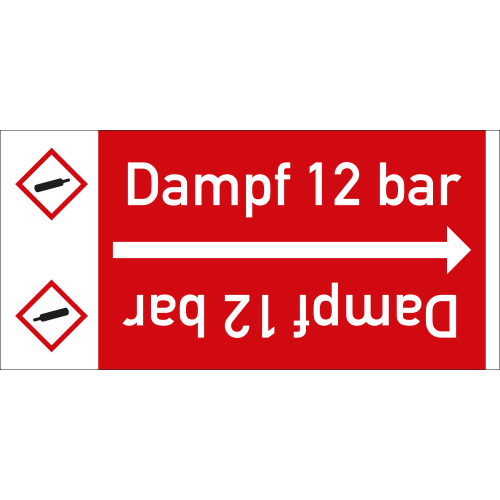 Rohrleitungsband: Dampf 12 bar, mit Gefahrensymbol, DIN 2403, für Rohre ab Ø 15 mm, Folie selbstklebend, 33 m/Rolle