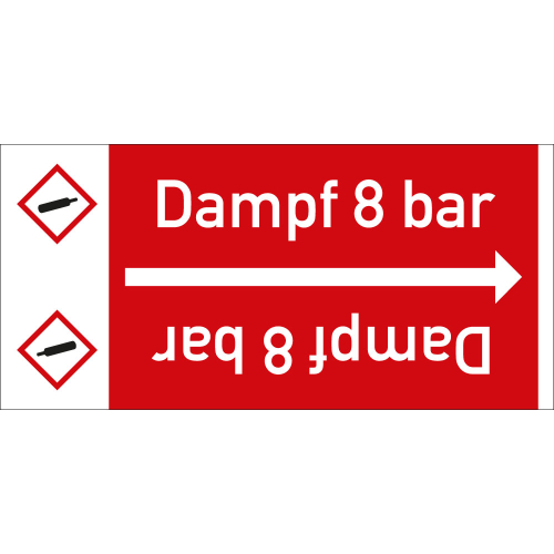 Rohrleitungsband: Dampf 8 bar, mit Gefahrensymbol, DIN 2403, für Rohre ab Ø 15 mm, Folie selbstklebend, 33 m/Rolle