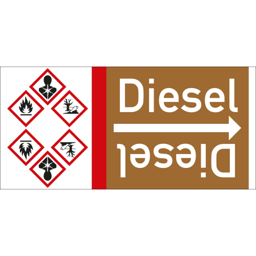 Rohrleitungsband: Diesel, mit drei Gefahrensymbolen, DIN 2403, für Rohre ab Ø 15 mm, Folie selbstklebend, 33 m/Rolle
