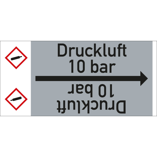 Rohrleitungsband: Druckluft 10 bar, mit Gefahrensymbol, DIN 2403, für Rohre ab Ø 15 mm, Folie selbstklebend, 33 m/Rolle